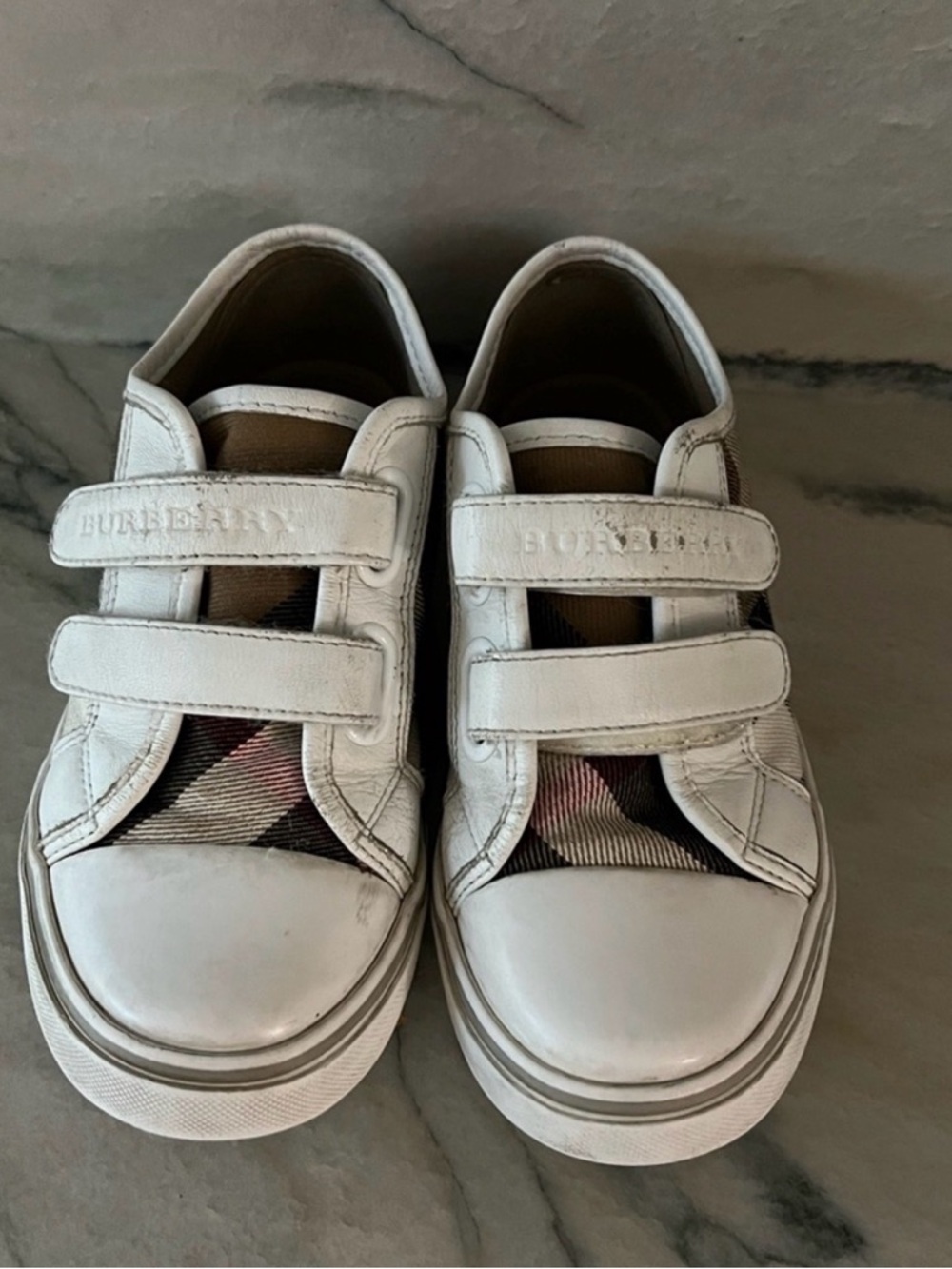 Burberry White & Beige Check Kids Velcro Sneakers - Picture 2 of 8